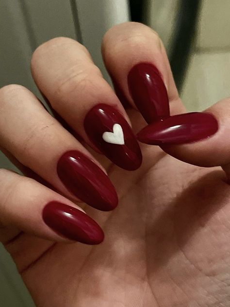 Plain Shellac Nails, Red Nails With A Heart, Dark Red Nails With Heart, Red Nails With Heart, Bold Nail Designs, Red Summer Nails, Summer Nails 2024, Dark Red Nails, Heart Nail Designs