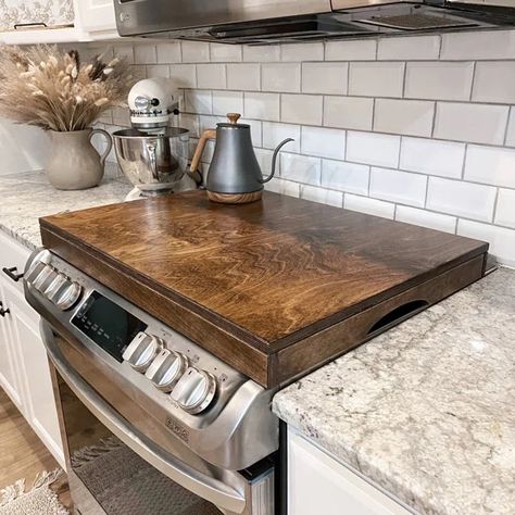 Brandt Works LLC Cooktop Burner Cover Cover For Gas Stove Top, Over The Stove Shelf Ideas, Gas Cooktop Cover, Counter Top Cover, Wood Household Items, Wood Cover For Stove Top, Stovetop Cover Wood, Forever Home Must Haves, Wooden Hoods Over Stove