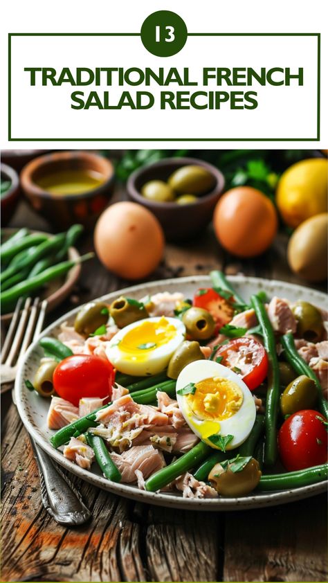 A vibrant traditional French Niçoise salad with fresh tuna, hard-boiled eggs, green beans, tomatoes, and olives, beautifully arranged on a rustic wooden table. Traditional French Salad Recipe, French Salad Recipes, French Recipes Authentic, French Diet, French Salad, Nicoise Salad Recipe, Recipes To Make At Home, Mediterranean Meals, Nicoise Salad