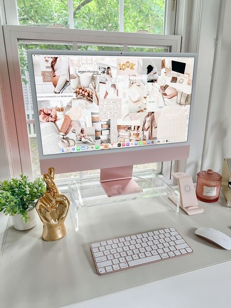 Cozy Home Office Pink, Astethic Office Desk, Home Office Pink Desk, Imac Study Aesthetic, Cute Work From Home Desk Setup, Pink Imac Aesthetic, Imac Aesthetic Set Up, Pink Imac Desk Setup, Aesthetic Office Supplies