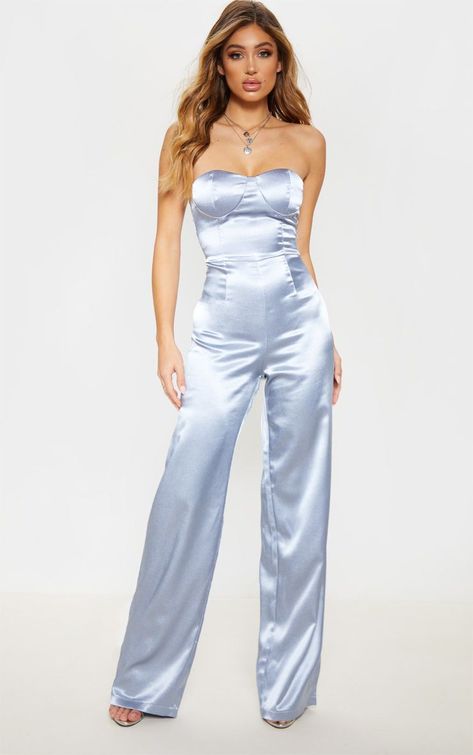 Dusty Blue Satin Bandeau Wide Leg Jumpsuit Slouchy Jumpsuit, Bandeau Jumpsuit, Beautiful Jumpsuits, Nylon Dress, Satin Jumpsuit, One Shoulder Jumpsuit, Strapless Romper, Strapless Jumpsuit, Satin Blouses