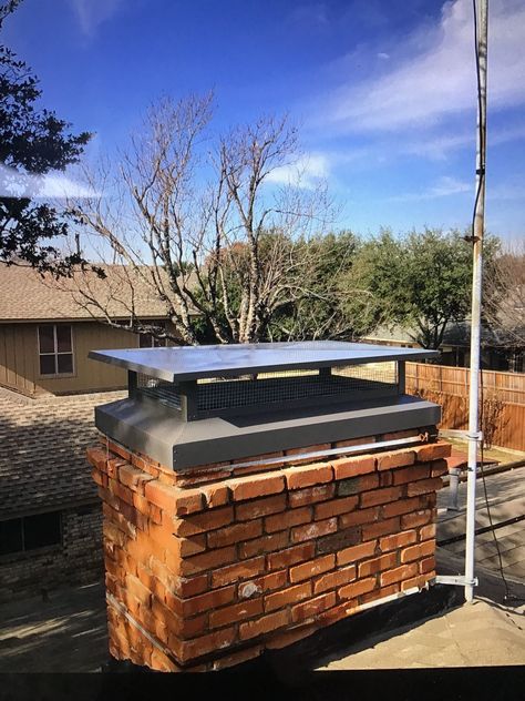 Grey chimney cap made by Master Services, installed in Dallas, Tx. Concrete Chimney, Chimney Exterior, Sheet Metal Shop, Bob Villa, Chimney Design, Copper Gutters, Brick Arch, Chimney Cap, Educate Yourself