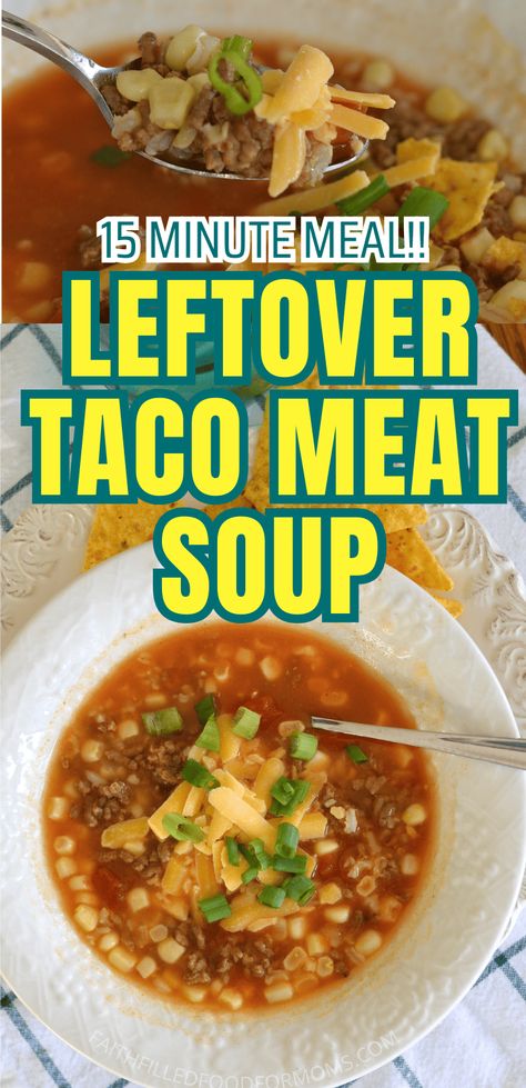 Literally made in 15 minutes or less, this super Easy Leftover Taco Meat Soup is unbelievably delish and healthy! One of those leftover taco meat recipes you'll make over and over again. A great way to save lots of money and make easy meals is by using up your leftovers. I use ground hamburger but you could also use chicken or turkey! Taco Meat Soup, Leftover Taco Meat Recipes, Hamburger Meat Recipes Easy, Ground Chicken Tacos, Meat Soup, Leftover Taco Meat, Inexpensive Dinners, Taco Meat Recipes, Leftovers Soup