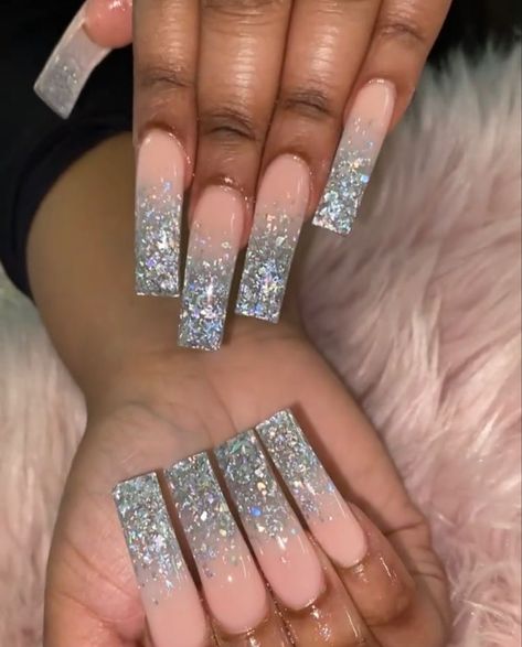 Silver Tapered Square Nails, 21 Birthday Nails Acrylic, Sweet 16 Birthday Nails, 21st Birthday Nails Acrylic, 18th Bday Nails, Birthday Nails Black Women, Long Acrylic Nails With Rhinestones, 21st Birthday Nail Ideas, Nails Boujee