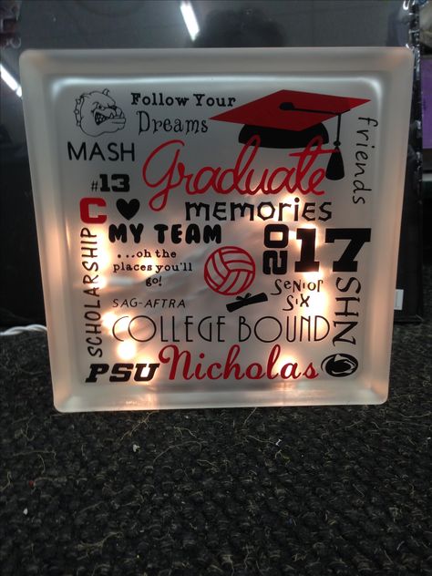 Glass Block, Graduation lighted glass block Diy Grad Gifts, Senior Party Ideas, Graduation Shadow, Graduate Ideas, Cricut Graduation, Shadow Box Graduation, Painted Glass Blocks, School Decor Ideas, Decorative Glass Blocks