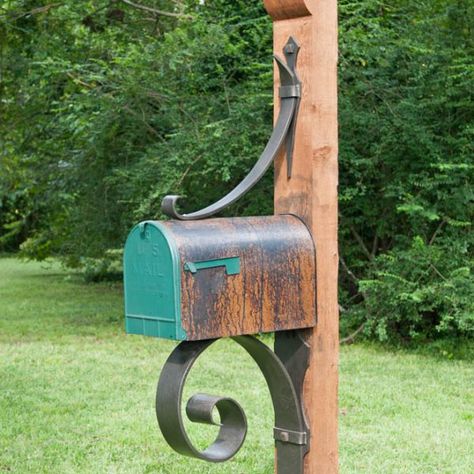 Metal Mailbox Post, Wrought Iron Mailbox, Farmhouse Mailboxes, Rental House Decorating, Iron Mailbox, Rustic Mailboxes, Mail Box Ideas, Double Wide Manufactured Homes, Letter Box Design