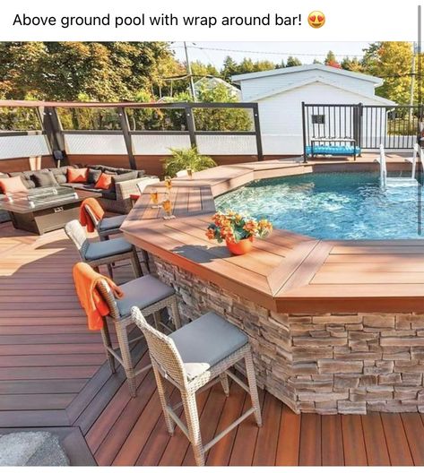 Above ground pool with deck, and wrap around bar Pool Bar Ideas, Small Above Ground Pool, Above Ground Pool Deck Ideas, Above Ground Pool Deck, Moderne Pools, Pool Deck Ideas, Best Above Ground Pool, Above Ground Pool Ideas, Ground Pool Ideas