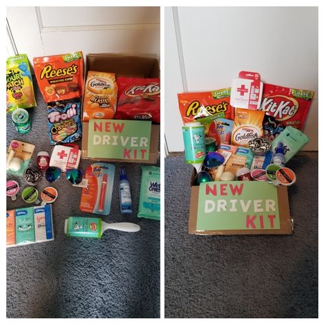 16th birthday new driver kit, basket of a bunch of car essentials Car Basket Ideas, Car Essentials Gift Basket, License Gifts New Drivers, New Driver Gift Basket Sweet 16, Diy 16th Birthday Gifts, Car Basket Gift Ideas, 16th Birthday Gifts For Girls Ideas, New Driver Kit, New Car Gift Basket