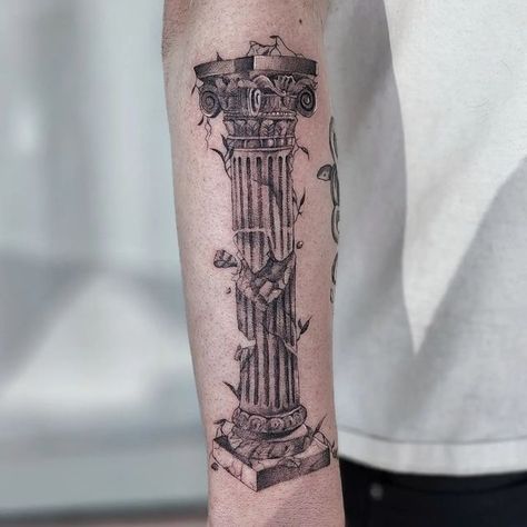 Greek Tattoo Inspiration, Roman Temple Tattoo, Greek Scale Tattoo, Roman Collums Tattoo, Corinthian Tattoo, Architecture Inspired Tattoo, Greek Pillar Tattoo Design, Greek Collums Tattoo, Greek Mural Tattoo