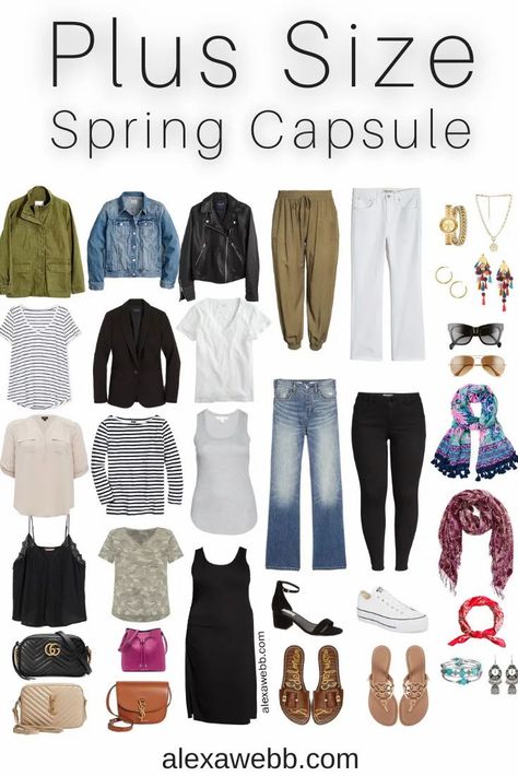 Plus Size Spring Casual Capsule Wardrobe - Part 1 with an essential list of plus size spring clothing - 16 pieces with countless outfits - Alexa Webb Classic Womens Style Plus Size, Alexawebb Plus Size, Plus Size Fashion Spring Ideas, Casual Plus Size Outfits Spring, Spring Outfit Ideas Plus Size, Plus Size Capsule Wardrobe 2023, Plus Size Wardrobe Capsule, Plus Size Casual Outfits Spring, Casual Spring Outfits Plus Size