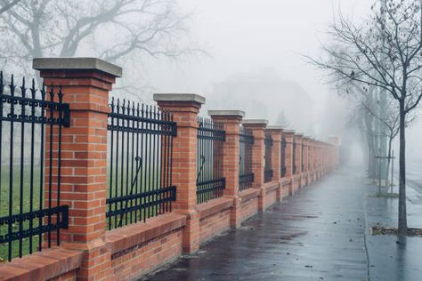 Brick And Fence Wall, Brick And Iron Fence Front Yards, Half Brick Fence, Bricks Fence Ideas, Brick Wall With Fence On Top, Brick Wall Fencing, Metal And Brick Fence, Brick And Wrought Iron Fence, Fencing On Top Of Brick Wall