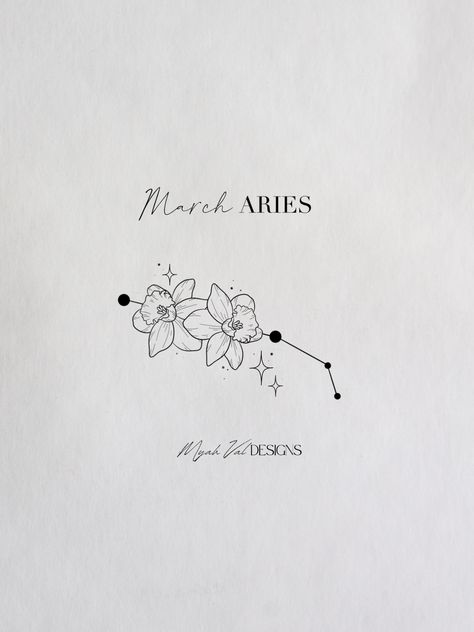 Artist: MyahVal Designs​​​​​​​​​   #digitalart  #artwork #tattooart #floralart #tattoos #floraltattoo #tattooideas #minimalist #tattoodesign #birthflower #birthflowers Aries Daffodil Tattoo, April Star Sign Tattoo, March Aries Tattoo, Fine Line Aries Tattoo, Aries Tatoos, Aries Tattoos, Aries Constellation Tattoo, Daffodil Tattoo, Aries Constellation