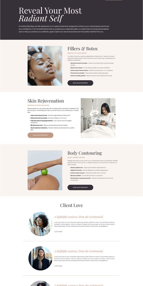 Easily create a professional website with this Squarespace template, made specifically for med spas, estheticians, nurse injectors, and beauty professionals. Display your services, sell your products, and power up your content marketing.

WEBSITE DEMO: https://porpoise-jaguar-wkw5.squarespace.com
PASSWORD: demo

This website contains the following pages, all of which can be easily edited to suit. Add or delete pages or sections to fit your unique business.

* Home
* Services
* Shop
* About
* Blog Pages
* Contact
* Appointment (Scheduling sofware subcription not included).
* 404 Squarespace Template, Marketing Website, Unique Business, Online Entrepreneur, Med Spa, Professional Website, Esthetician, Content Marketing, Jaguar