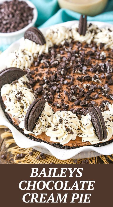 This Baileys Chocolate Cream Pie is smooth, creamy and set in an Oreo crust with a layer of Oreo crumbs throughout the center! It’s full of Baileys and chocolate and is one of my favorite flavor combinations! Chocolate Cream Pie Easy, Easy Chocolate Pie Recipe, Easy Cream Pie, Easy Chocolate Pie, Chocolate Pie Recipe, Chocolate Cream Pie Recipe, Baileys Recipes, Coconut Flour Pancakes, Pie Easy