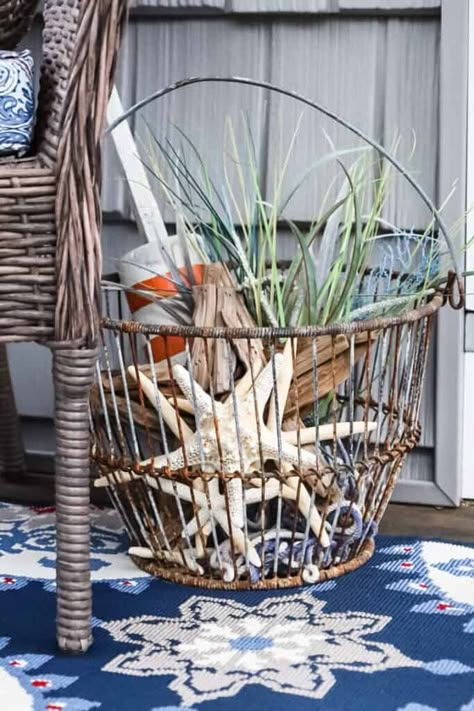 Front Porch Decor Coastal, Front Porch Coastal Ideas, Small Coastal Front Porch Ideas, Coastal Back Porch, Beach Theme Porch Ideas, Condo Front Porch Ideas, Beach House Patio Coastal, Nautical Patio Decor, New England Nautical Decor