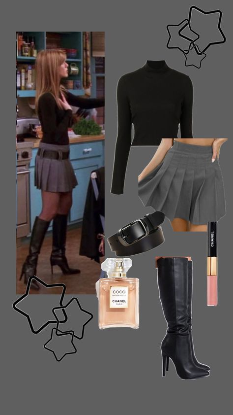 Rachel Green Outfits, Grey Skirt, Rachel Green, Green Outfit, Green Grey, Gray Skirt, Cute Outfits, Skirt, Outfit Inspo