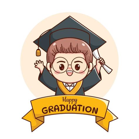 Banner or ribbon happy graduation boy wearing glasses with cap and gown cute kawaii chibi cartoon Graduation Cartoon, Chibi Cartoon, Happy Graduation, Cap And Gown, Kawaii Chibi, Wearing Glasses, Logo Banners, Cityscape Photos, Nature Backgrounds