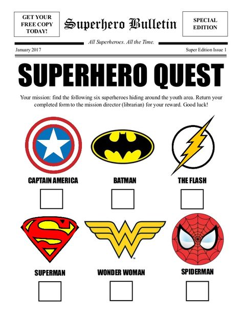 Superhero Bulletin GET YOUR FREE COPY TODAY! SPECIAL EDITION All Superheroes. All the Time. January 2017 Super Edition Iss... Superhero Scavenger Hunt, Superhero Activities For Kids, Superhero Lessons, Design Your Own Superhero, Super Hero Activities, Create Your Own Superhero, Superhero Vbs, Camp Themes, Super Hero Day