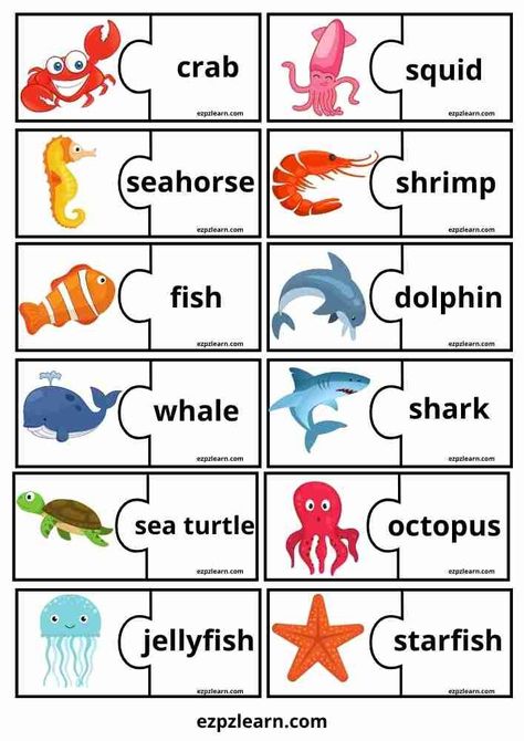 Animals For Kids Teaching, Sea Animals Worksheets For Kids, Animal Matching Game, Word Games For Kids, Teach English To Kids, Printable Puzzles For Kids, Homeschool Preschool Activities, Free Games For Kids, English Activities For Kids