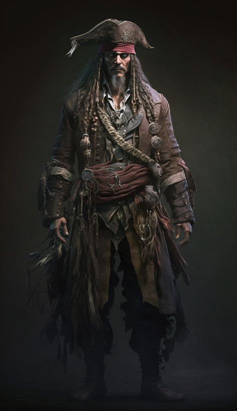 Jack Sparrow Fanart, Pirate Fantasy Art, Authentic Pirate Costume, Dnd Pirate Art, Pirate Concept Art, Pirate Icon, Dnd Pirate, Ghost Ship Art, Pirate Of The Caribbean