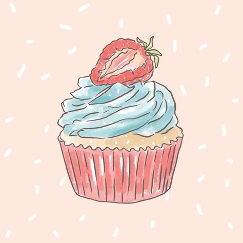 Drawing Cherry, Cupcake Illustration, Peach Strawberry, Strawberry Cupcake, Cupcake Drawing, Cafe Bakery, Cute Food Drawings, Strawberry Cupcakes, Cute Strawberry