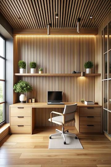 Bamboo Office Design, Wood Slat Desk, Slat Wall Desk, Japanese Style Office Design, Wood Slat Wall Office, Wood Paneling Office, Slat Wall Office, Small Office Interior Design Modern, Office Interior Design Modern Workspaces