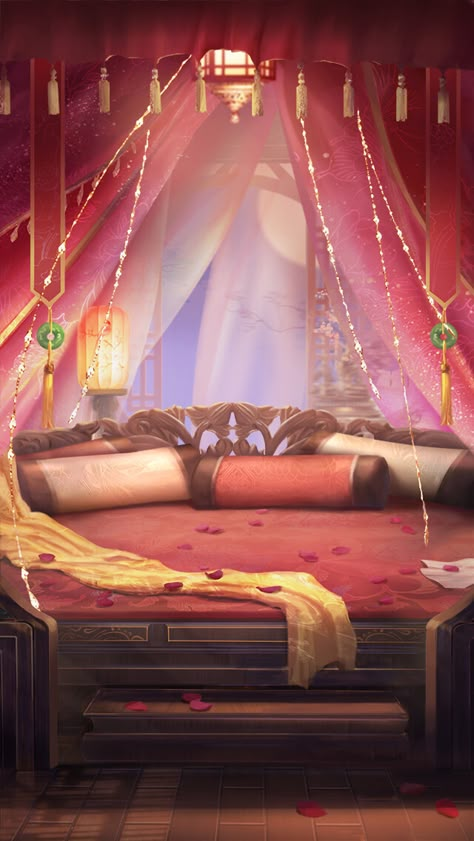 Fantasy Bedroom Concept Art, Fantasy Bedroom Aesthetic, Royal Beds, Royal Chambers, Tiktok Background, Chinese Palace, Royal Bed, Royal Bedroom, 80s Interior