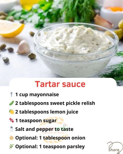 Recipestep Homemade Tartar Sauce Easy, Make Tartar Sauce, Tartar Sauce Recipe, Homemade Dressings, Homemade Tartar Sauce, Homemade Sauce Recipes, Salad Dressing Recipes Homemade, Condiment Recipes, Tastemade Recipes