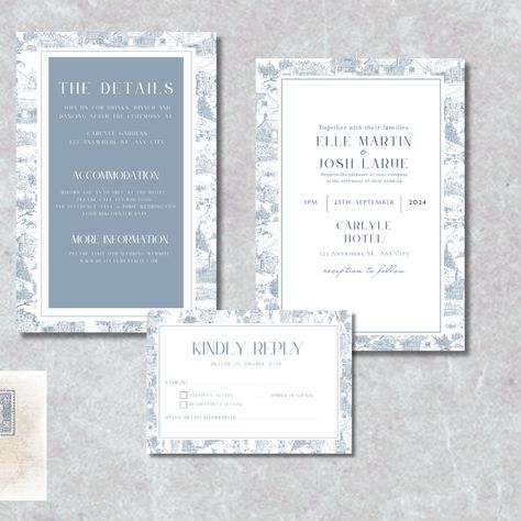 Blue Toile Invitations, Toile Wedding Invitations, Blue Wedding Invites, Toile Wedding, Blue Bouquets, French Blue Wedding, Blue Wedding Theme, Navy Blue Wedding Invitations, Blue Wedding Inspiration