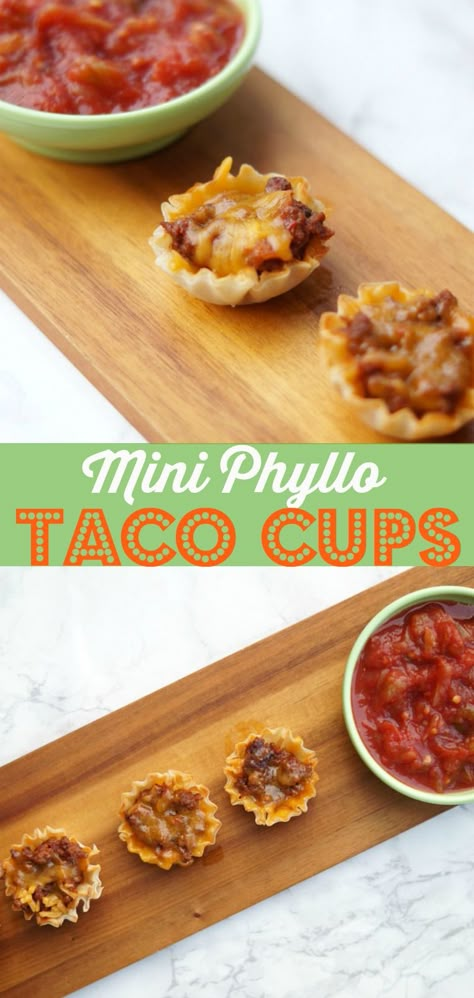 Superbowl Party Appetizers, Taco Appetizers, Superbowl Food Appetizers, Easy Super Bowl, Mini Taco, Phyllo Recipes, Superbowl Food, Taco Cups, Crockpot Appetizers