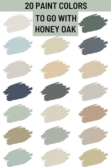 20 paint colors that go with Honey Oak cabinets, trim and flooring. The best colors to go with honey oak trim, cabinets, and flooring. #honeyoak #paintcolors #interiordesign #woodcabinets #trim Honey Oak Office Ideas, Kitchens With Honey Oak Cabinets Ideas, What Paint Colors Go With Oak Cabinets, Paint Colors That Go With Oak Floors, Paint That Goes With Oak Cabinets, Paint With Honey Oak Floors, Honey Oak Cabinets Green Walls, Granite Countertops With Oak Cabinets Farmhouse, Knobs For Honey Oak Kitchen Cabinets