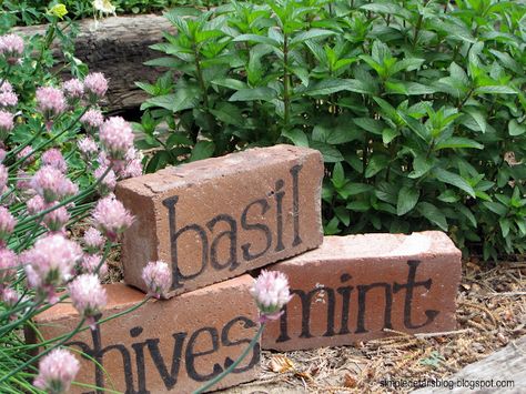 Turn old bricks into herb garden markers .Or I may try any word (bloom, grow, etc....) or butterfly stencil..yeah! Shed Inspiration, Tiny Backyard, Herb Garden Markers, Cottage Backyard, Garden Pathways, Herb Markers, Brick Garden, Diy Outdoor Decor, Plant Labels