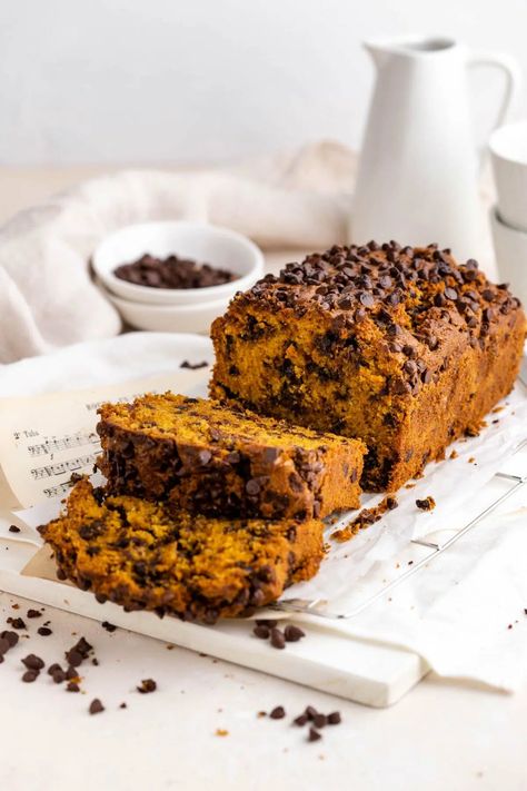 Vegan Chocolate Chip Pumpkin Bread | The Chestnut Bakery Pumpkin Zucchini Bread, Chocolate Pumpkin Bread, Pumpkin Bread Easy, Pumpkin Loaf, Baking Projects, Chocolate Chip Bread, Pumpkin Chocolate Chip Bread, Pumpkin Chocolate Chip, Pumpkin Bread Recipe