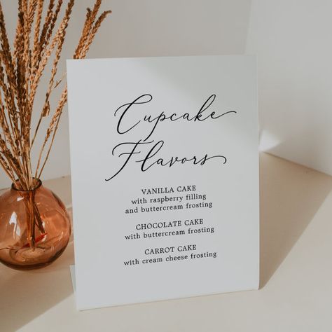 Delicate Black Calligraphy Wedding Cupcake Flavors Pedestal Sign Cupcake Table Wedding, Wedding Cupcake Flavors, Table Wedding Sign, Wedding Honeymoon Fund, Summer Calligraphy, Wedding Reception Signage, Cupcake Table, Romantic Minimalist, Reception Signage