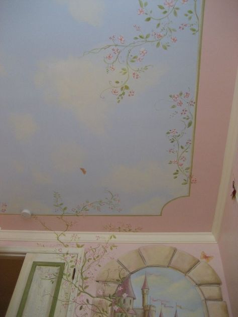 Princess Aesthetic Nursery, Princess Room Wallpaper, Mural In Living Room, Princess Mural Bedroom, Nursery Room Paintings, Murals In Homes, Fairytale Wall Mural, Painted Ceiling Ideas Murals, Cute Wall Murals Room Ideas