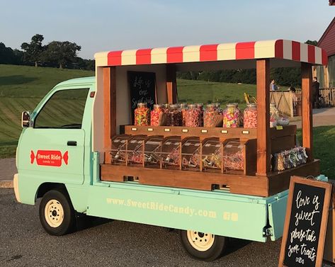 mobile candy bar!  #sweetridecandy #candytruck #candybuffet  #foodtruck #foodtruckwedding #favorideas #weddingfavor #minitruck #maweddings #bostonweddings #newenglandweddings #nhweddings #bostonevents #bostonweddingplanner  #picknmix #batmitzvahparty #barmitzvahparty #sweet16party #weddingcandy Mobile Candy Shop, Mobile Candy Bar, Mobile Candy Truck, Mobile Drink Truck, Mobile Liquor Truck, Cocktail Truck Mobile Bar, Ice Cream Car, Snack Cart, Food Truck Wedding