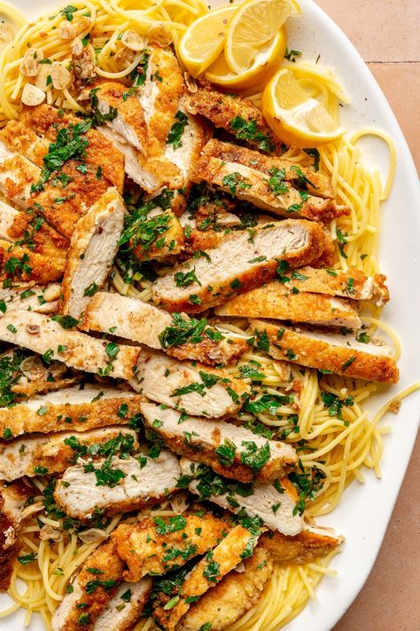 Chicken Scampi Pasta, Chicken Scampi Recipe, Scampi Sauce, Chicken Scampi, Capers Recipe, Breaded Chicken Cutlets, Fed And Fit, Carlsbad Cravings, Chicken Pasta Bake