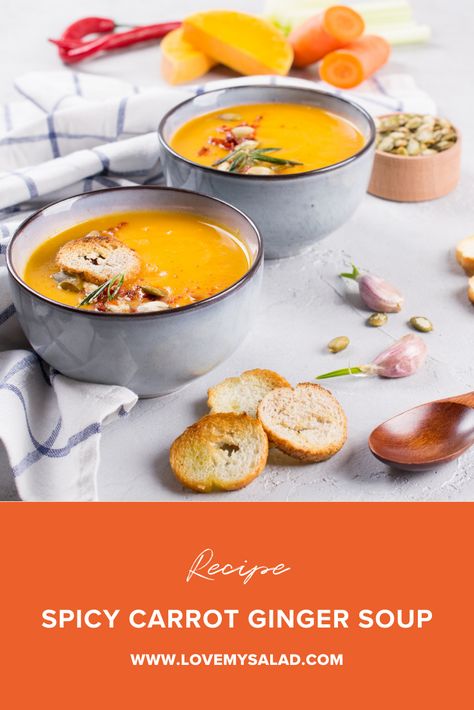 Soup With Sweet Potato, Ginger Carrot Soup, Spicy Soup Recipes, Chilli Soup, Spicy Carrots, Creamy Carrot Soup, Carrot Soup Recipes, Carrot Ginger Soup, Ginger Soup