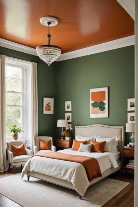 Green and Burnt Orange Bedroom Ideas - A Bold Color Duo - West Magnolia Charm Green Bedroom Orange Accents, Green And Orange Interior, Orange Accents Bedroom, Green And Burnt Orange Bedroom, Burnt Orange Bedroom Ideas, Green And Orange Bedroom, Orange Bedroom Ideas, Burnt Orange Bedroom, Orange Accent Walls