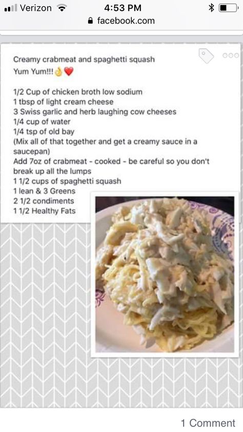 Creamy crab and spaghetti squash Optavia Crab Recipes, Optiva Recipes, Optavia Plan, Octavia Recipes, Anabolic Recipes, Optavia Meals, Single Serve Meals, Bright Line Eating Recipes, Lean Protein Meals