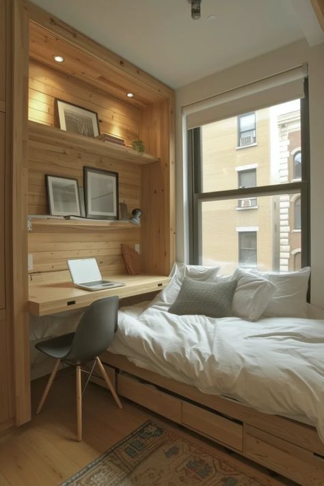 Double Bed Tiny Room, Tiny Bedroom With Double Bed, Compact Room Design, Small Bedroom With Cabin Bed, Save Space Bedroom, Tiny Room Double Bed, Small Bedroom With Couch, Tiny Bedroom Design Ideas Small Spaces, Tiny Cozy Bedroom