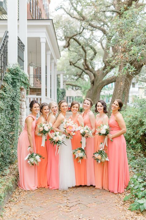 Peach Ombre Bridesmaid Dresses, Coral Braidsmaid Dresses, Coral Maid Of Honor Dress, Coral Orange Wedding Theme, Pink Coral Bridesmaid Dresses, Orange And Coral Wedding, Destination Wedding Bridesmaid Dresses Beach, Pink And Coral Bridesmaid Dresses, Bridesmaid Dresses Orange Coral