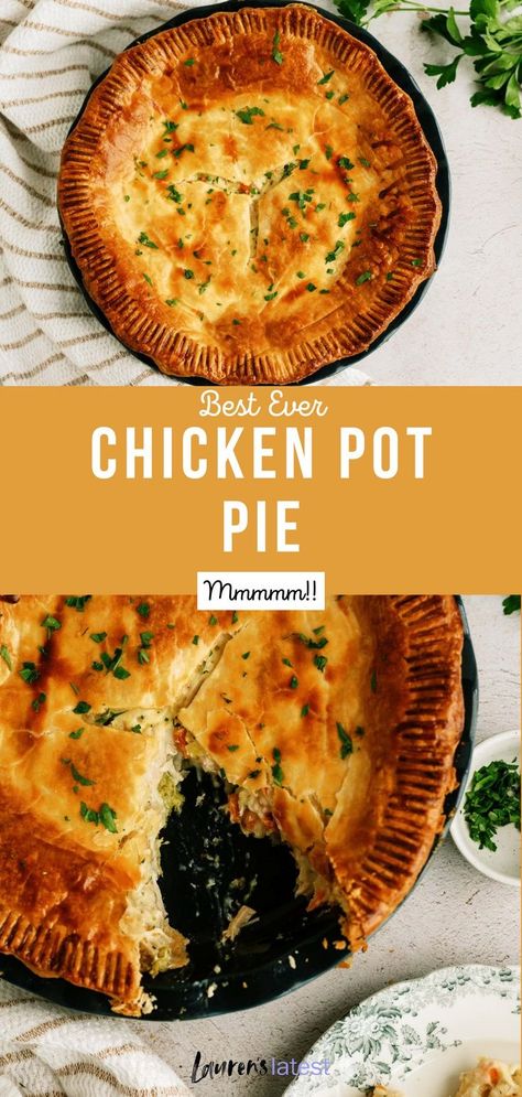 Chicken pot pie is one of my favorite comfort foods; roast chicken, veggies and spices doused in a creamy white sauce before being baked into a buttery pie crust to golden perfection! This Chicken Pot Pie is perfect to drive warmth into your bones on those cold nights! Potpie Crust Recipe, Double Crust Chicken Pot Pie, Chicken Pot Pie Crust, Delicious Chicken Pot Pie, Best Ever Chicken, Creamy White Sauce, Best Chicken Pot Pie, Chicken Pot Pie Filling, Homemade Chicken Pot Pie