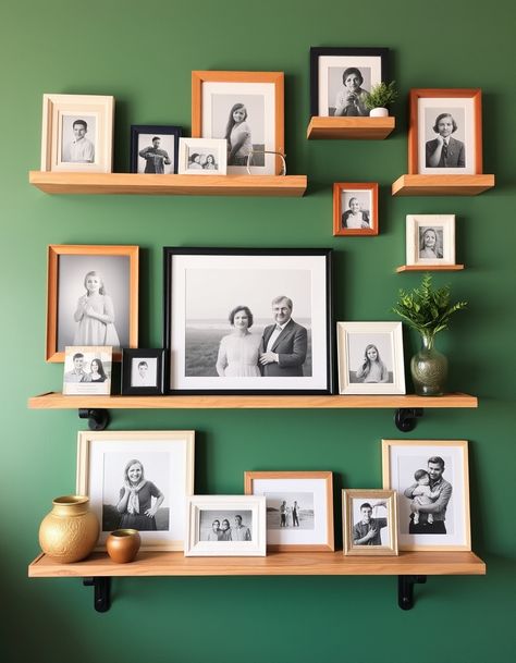 Photo Shelf Wall, Photo Shelf Styling, Photo Wall Collage Console Table, Display Picture, Creative Photo Display Ideas, Living Room With Family Pictures, Floating Shelf Gallery Wall, Gallery Wall With Shelves And Plants, School Picture Gallery Wall