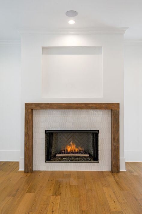 hoskin homes Wood Tile Fireplace Surround, Simple Drywall Fireplace, Fireplace Makeover Short Ceiling, Tile Fireplace With Wood Mantle Modern, Fireplace With Low Mantle, Natural Tile Fireplace, Framed Fireplace Surround, Gas Fireplace No Hearth, Natural Wood Fireplace Surround