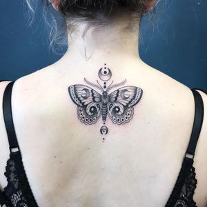 Moth Tattoo On Back Of Neck, Earthy Women Tattoo, Moth Back Of Neck Tattoo, Moth Back Tattoo Women, Moth Tattoo Ribs, Ornamental Moth Tattoo, Moth Tattoo Women, Moth Tattoo Neck, Pretty Moth Tattoo