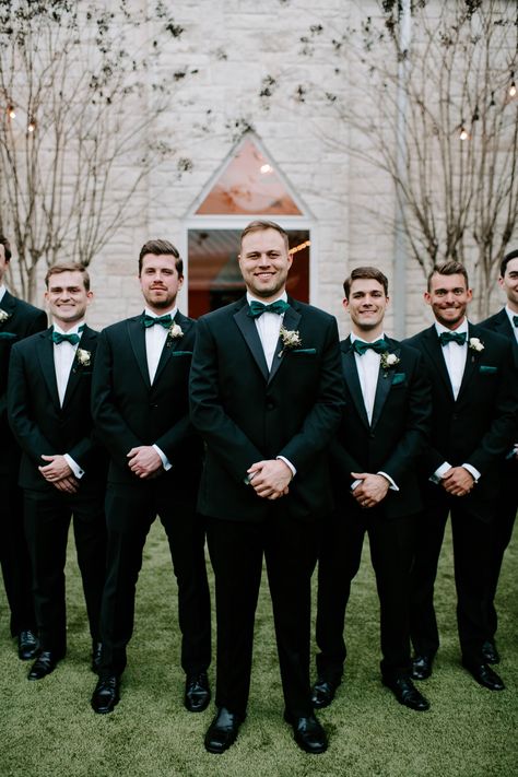 Fall Groomsmen, Briscoe Manor, Green Tux, Green Bowtie, Elegant Wedding Ceremony, Dark Green Wedding, Groom And Groomsmen Suits, Groomsmen Grey, Flowers Eucalyptus