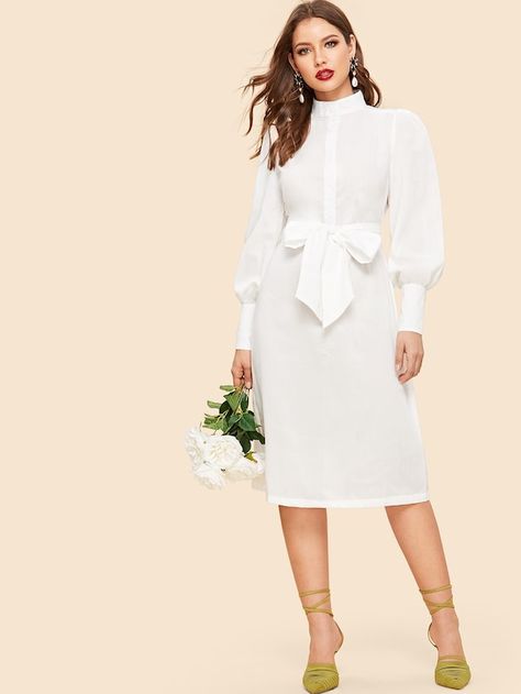 Cheap Bishop Sleeve Half Placket Belted Dress for sale Australia | SHEIN Bishop Sleeve Dress, Church Dresses, White Dresses For Women, Bishop Sleeve, Fall Collection, Knee Length Dresses, Up Girl, Retro Dress, Belted Dress