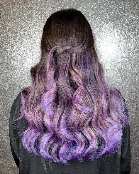 Pastel Purple Ombre Hair, Purple Underneath Hair Brown, Pastel Purple Balayage, Brown Hair With Purple Tips, Pinkish Purple Hair, Lavender Purple Hair, Pinkish Brown Hair, Purple Underneath Hair, Purple Hair Tips