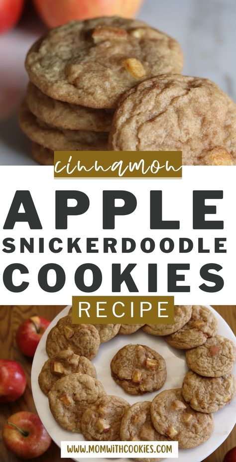 homemade cookies with apples nearby and text overlay that reads cinnamon apple snickerdoodle cookies recipe Apple Cinnamon Snickerdoodles, Apple Cinnamon Snickerdoodle Cookies, Fall Snickerdoodle Cookies, Snickerdoodle Apple Pie Cookies, Apple Cinnamon Cookies Soft, Cinnamon Apple Cookies, Apple Snickerdoodle Cookies, Cream Cheese Apple Pie Recipe, Apple Sauce Cookies